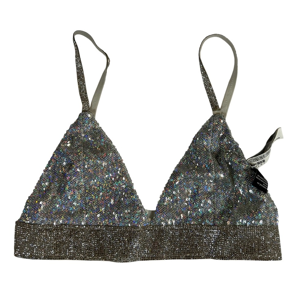 Forever 21 Silver‎ Sequin Rhinestone Triangle Bralette Crop Top Small